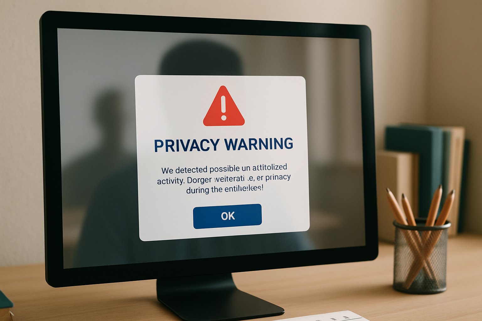 Privacy warning on computer during remote proctor software exam.