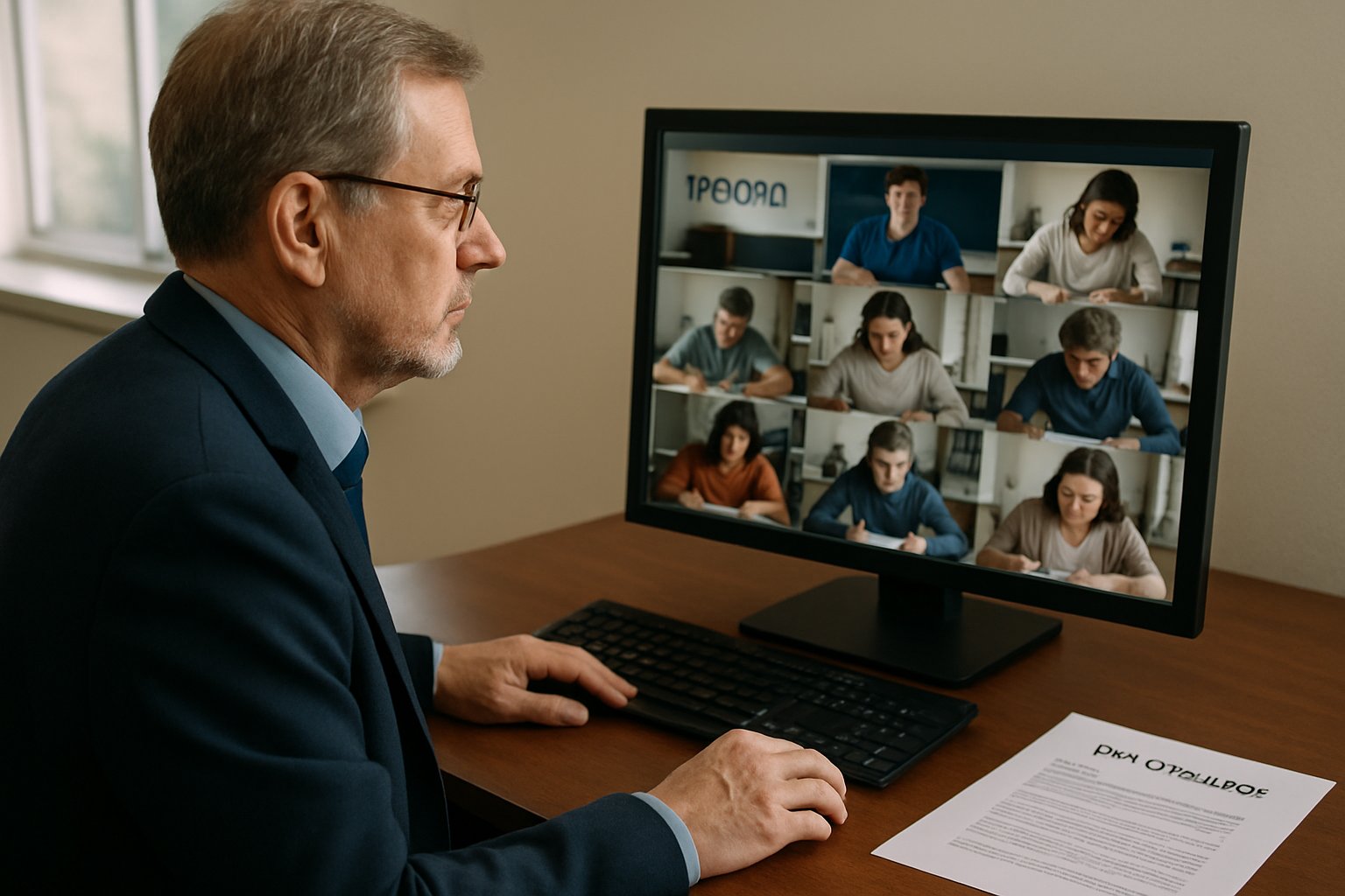 Exam proctor reviewing online test monitoring footage for compliance.