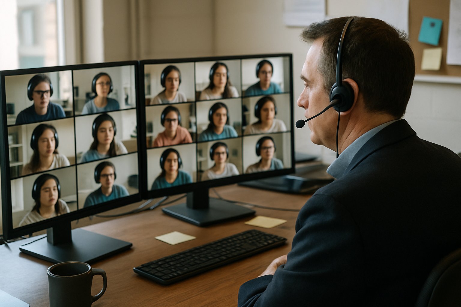 Proctor monitors online proctoring software for remote exams in authentic office.