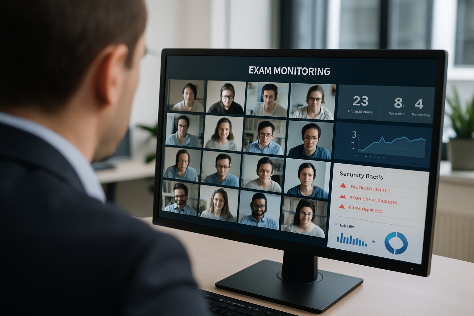 Proctor reviewing multiple feeds with proctoring software for online exam security.
