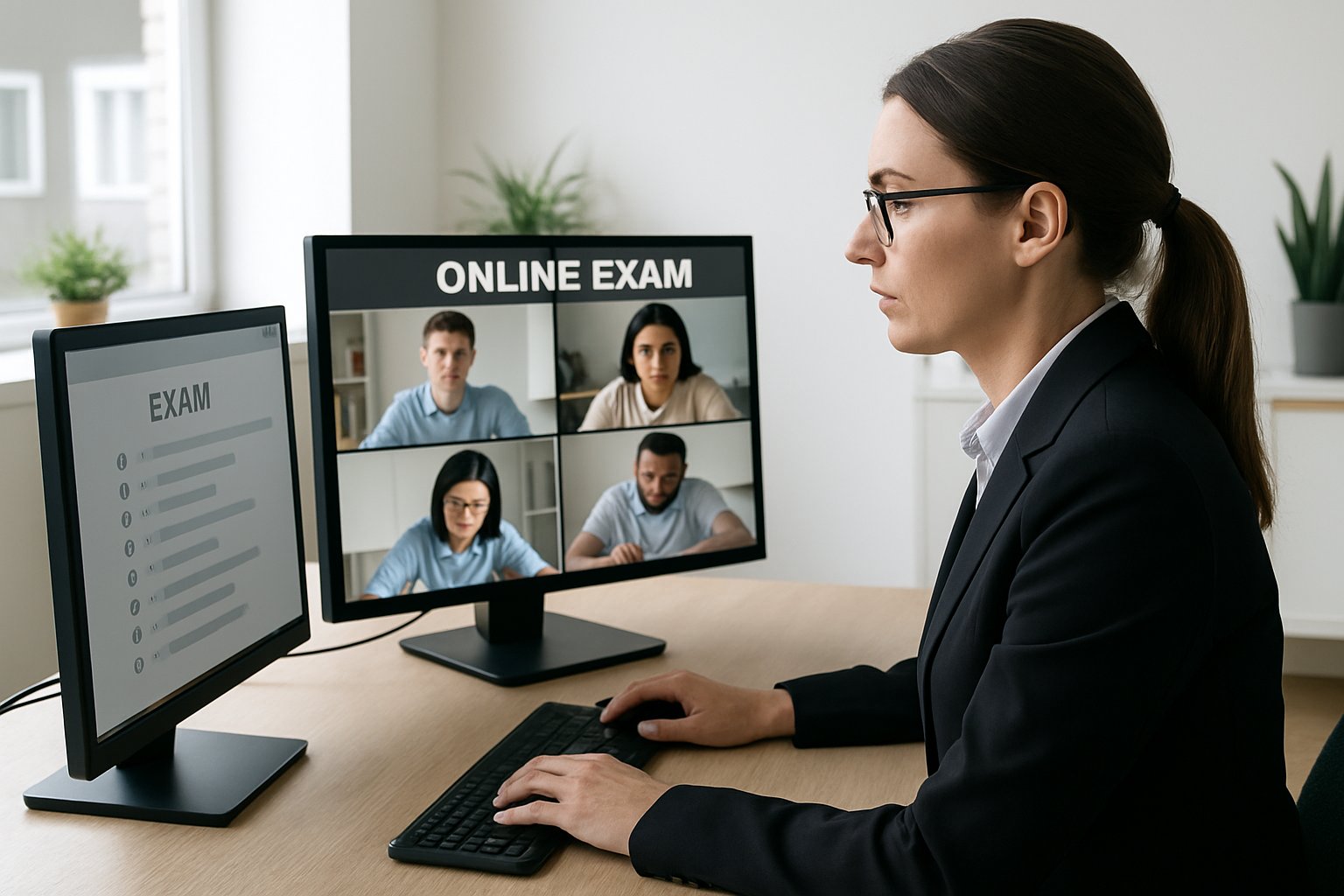 Proctor oversees a proctored online test monitoring multiple live camera feeds.