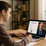 Student interacting with proctor for test during online examination at home.