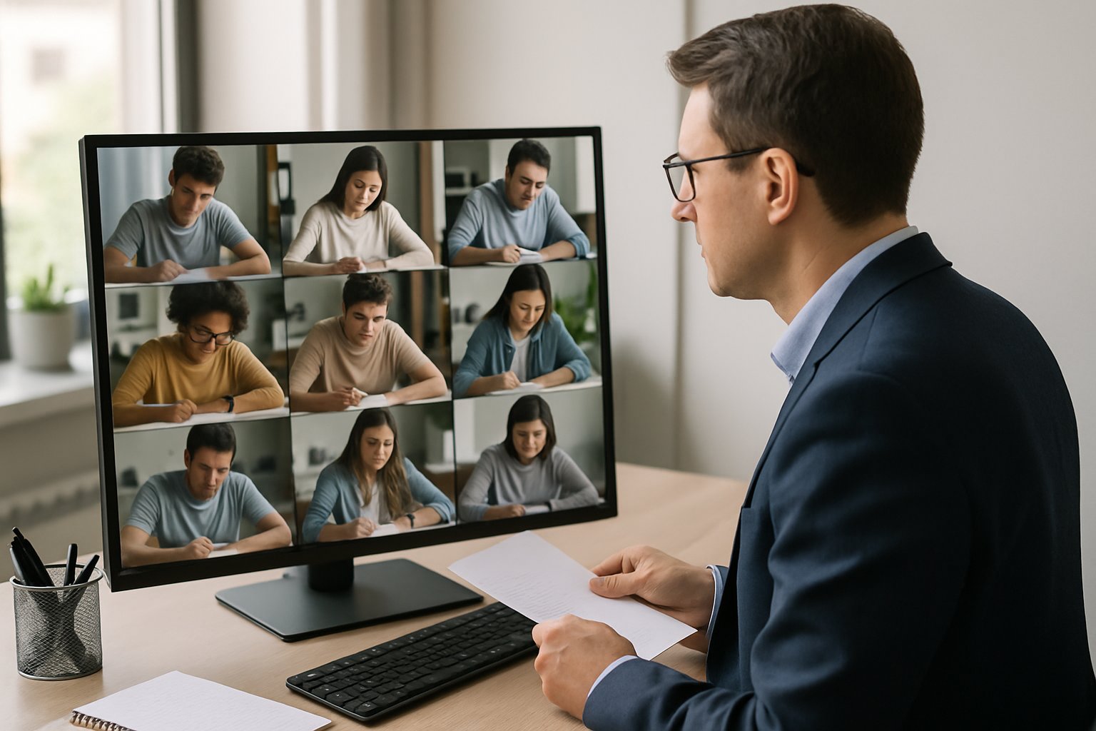 Exam proctor monitoring Remote Online Proctoring sessions on multiple screens in an office.