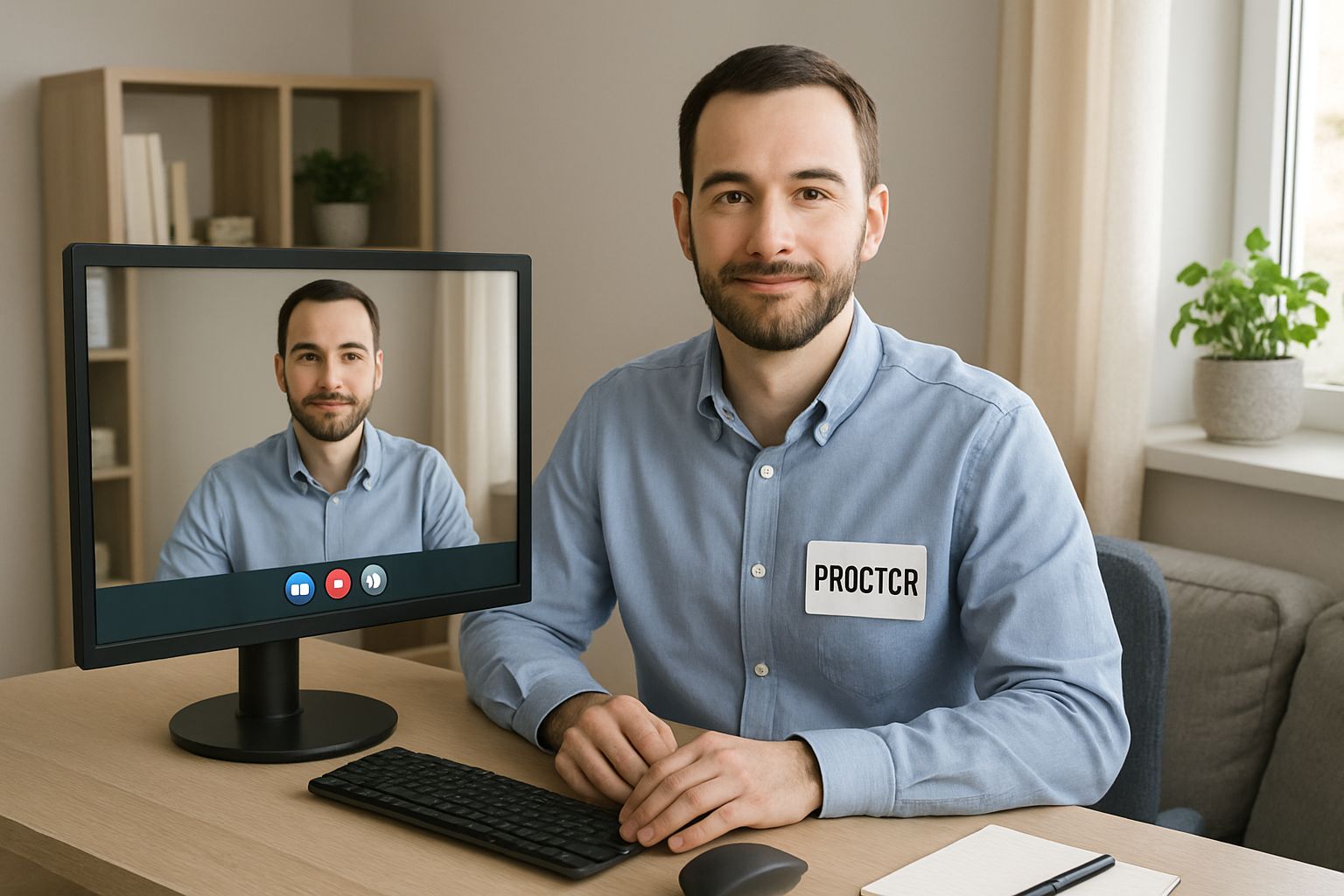 Online proctor for test overseeing exam session in home office.