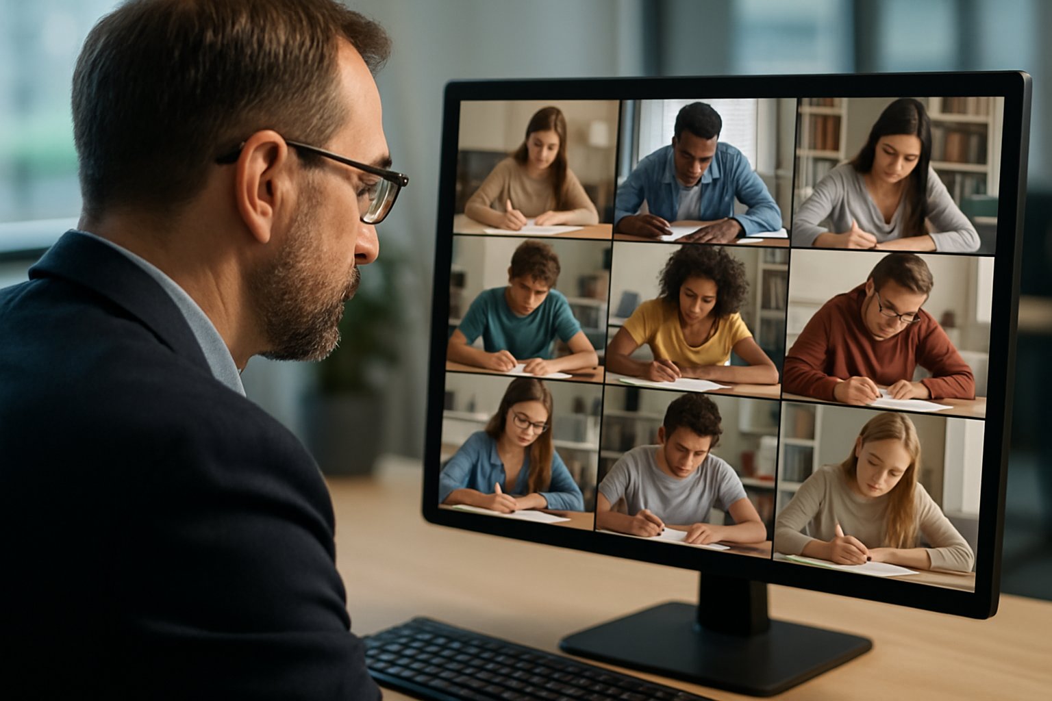 Proctor monitoring online exam proctoring sessions on multiple screens.