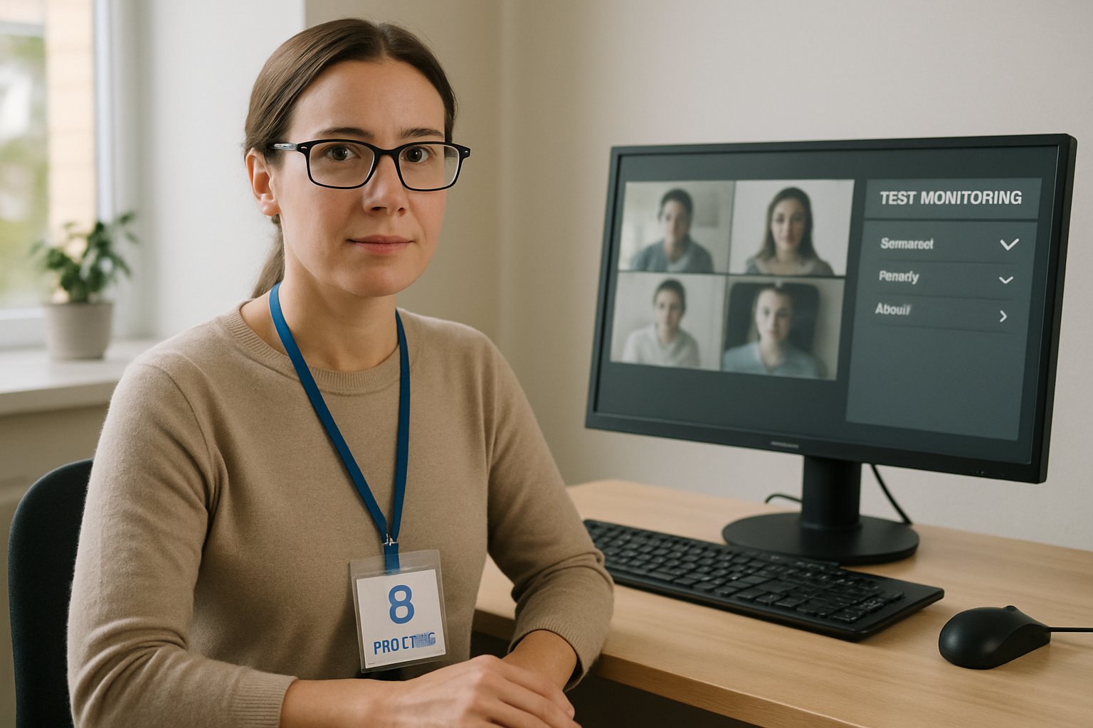 Certified proctor for test preparing workstation with security credentials displayed.