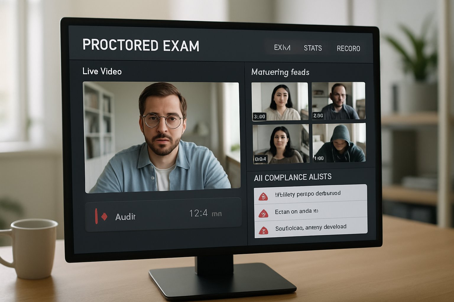 Proctor exam software with live AI monitoring and compliance dashboard on screen.