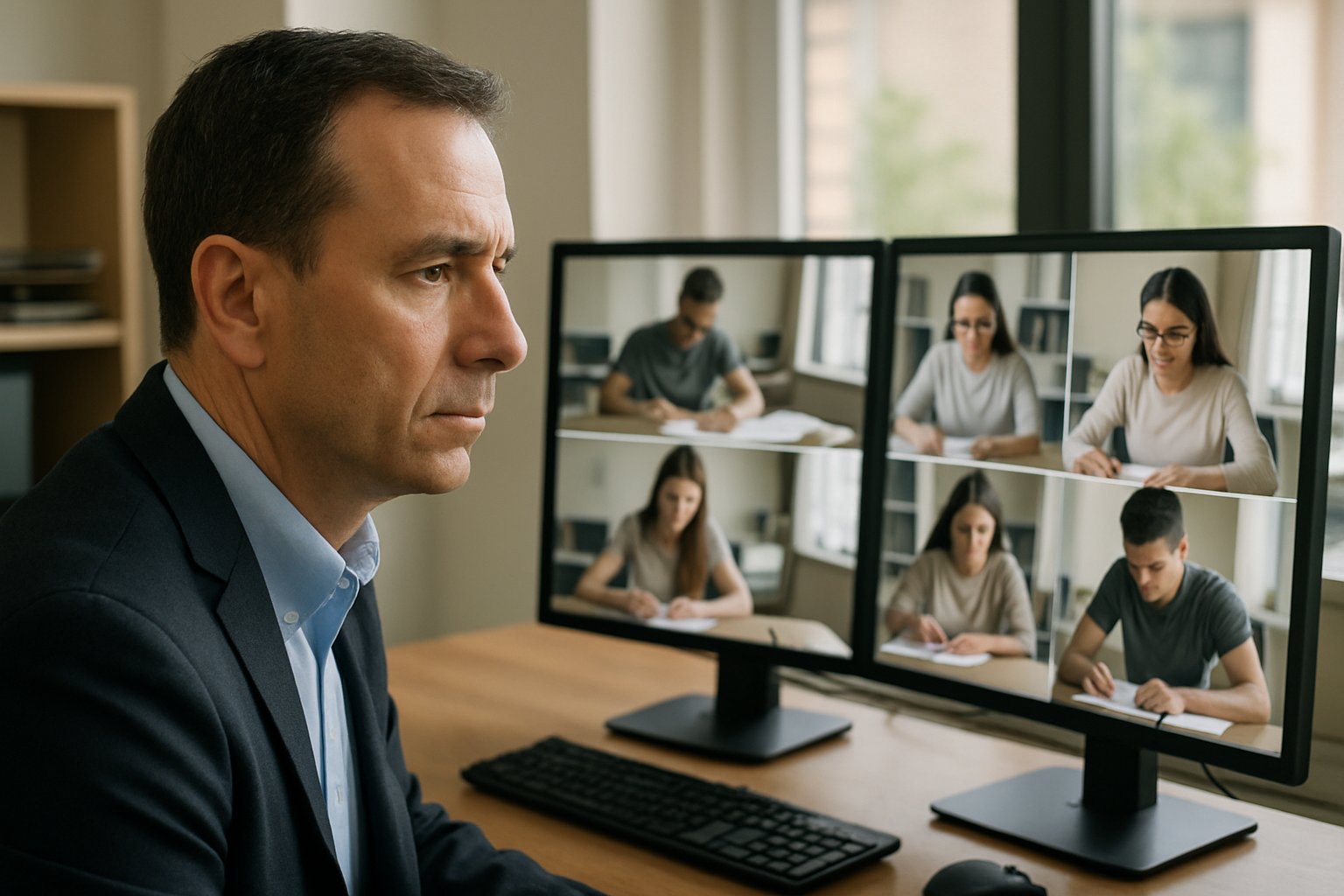 Live proctor monitors multiple students during a live proctoring exam in a modern office.