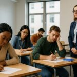 Proctor for test monitoring students in a university exam setting.