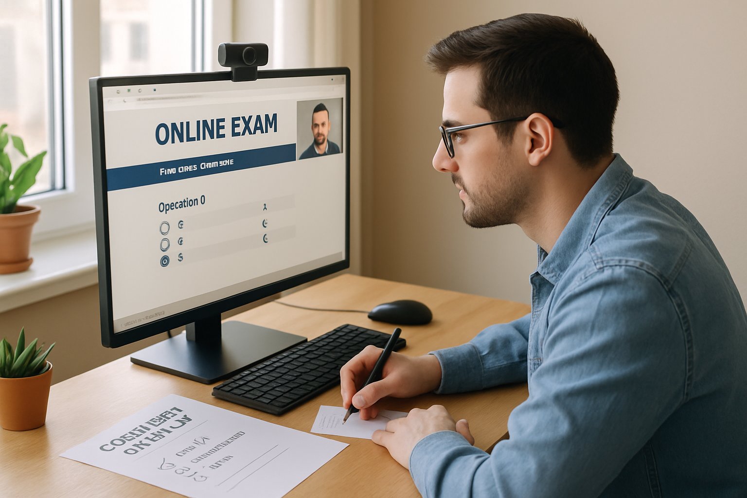 Student using remote proctor software for a secure online exam at home.