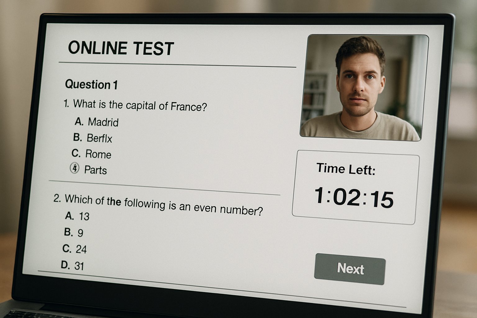 Live proctored online test session interface with video monitoring student.