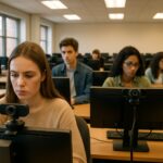 Students using online exam proctoring in a university computer lab setting