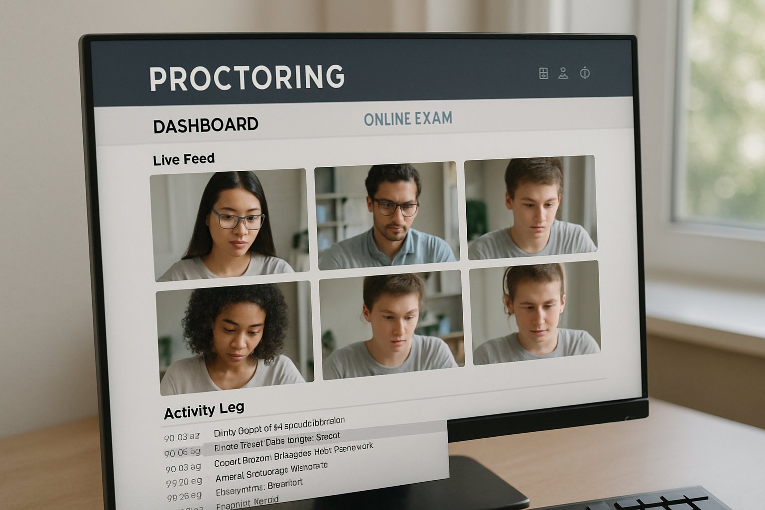 Computer screen showing proctoring software for online exam with live feeds