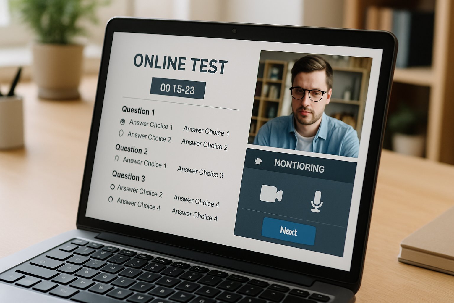 Remote test proctoring interface on a laptop during a student's online exam.