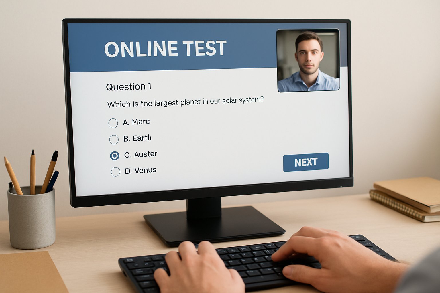 Computer displaying online proctoring software for remote exams on a desk.