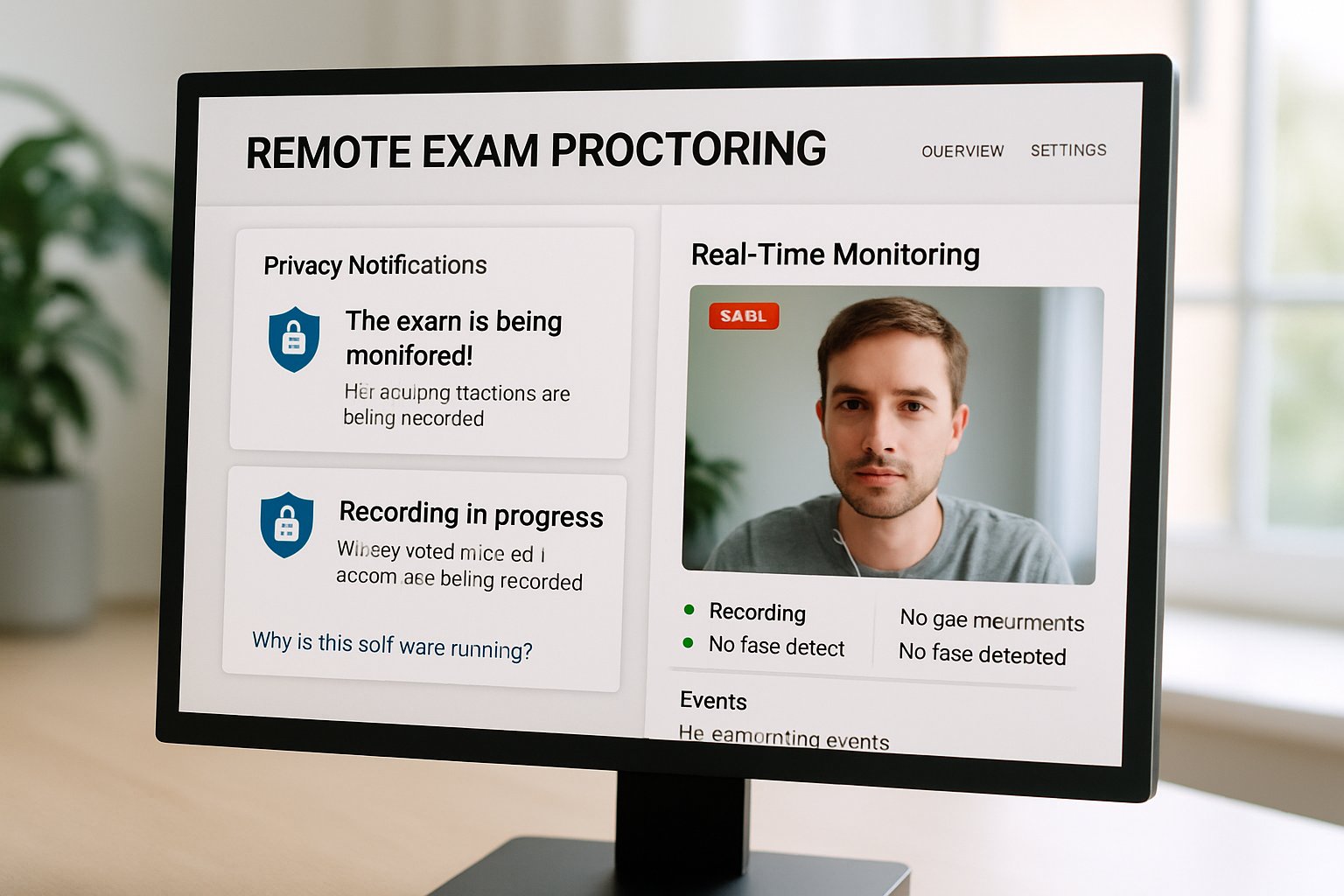 Remote exam proctoring software dashboard with privacy notifications in a bright setting.
