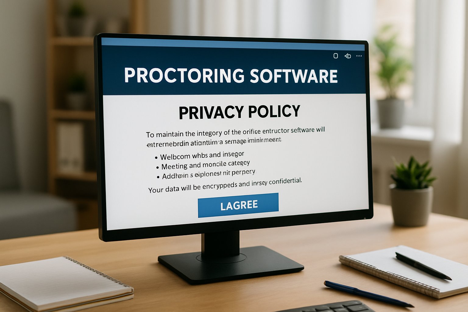 Proctoring software for online exam interface on a student laptop in a home setting.