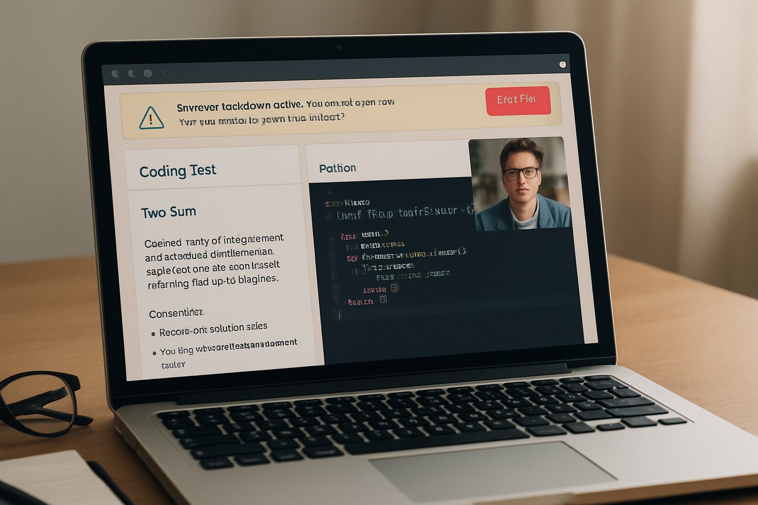 Laptop displaying remote test proctoring with coding assessment interface