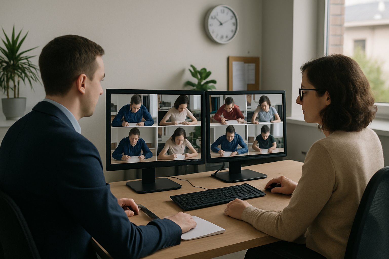 Live monitoring station for online exam proctoring with professionals observing exam sessions.