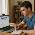 Student using online exam proctoring with webcam during remote assessment session.