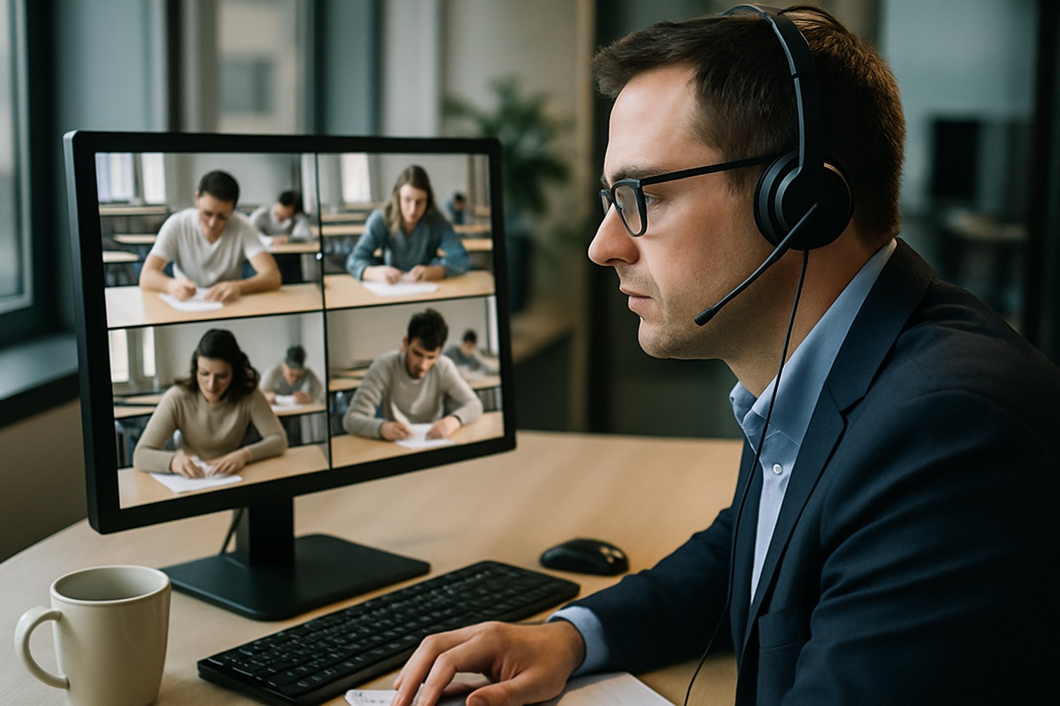 Virtual proctor monitoring proctored online test sessions on computer screen.