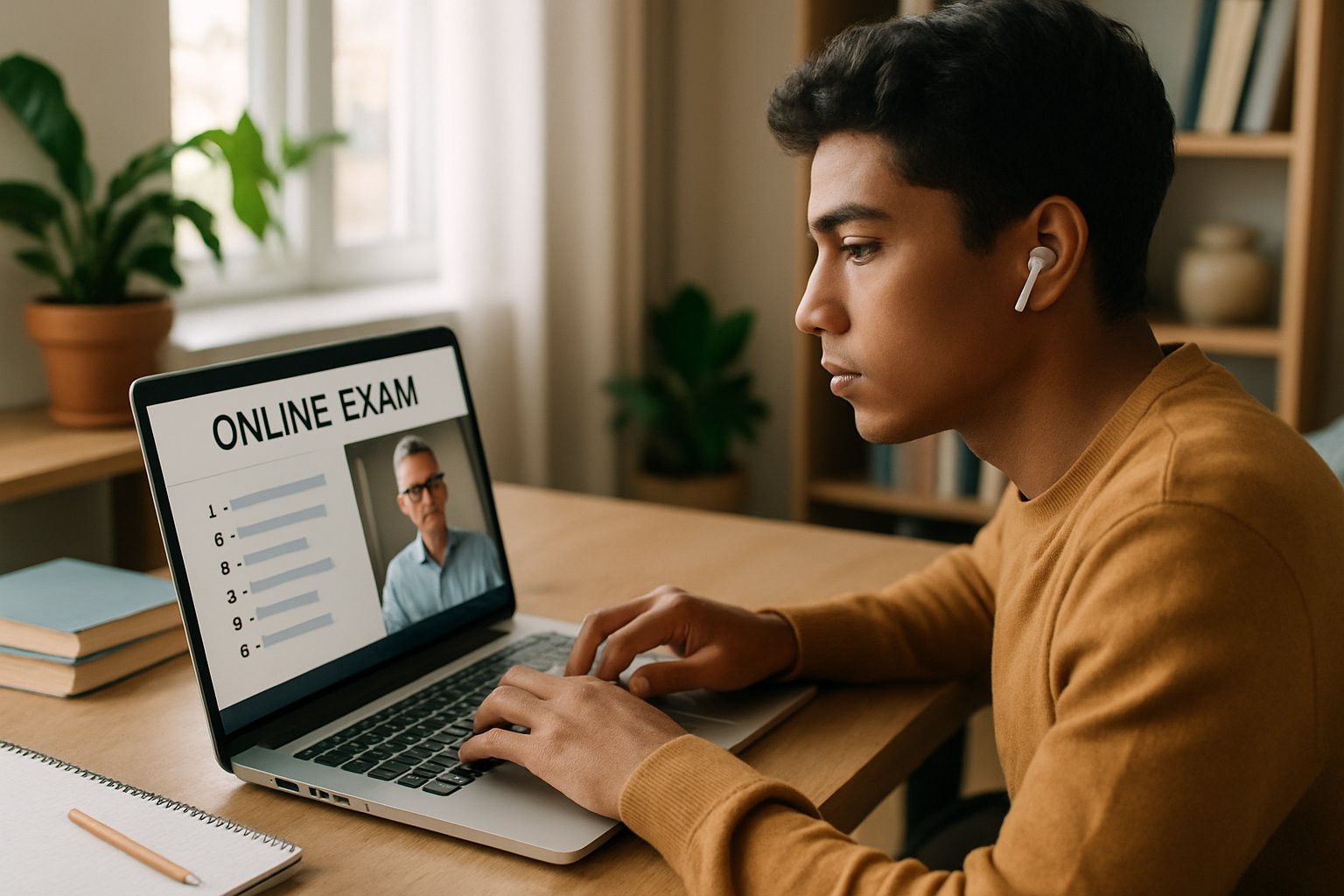 International student using laptop during online exam with remote proctor for test.