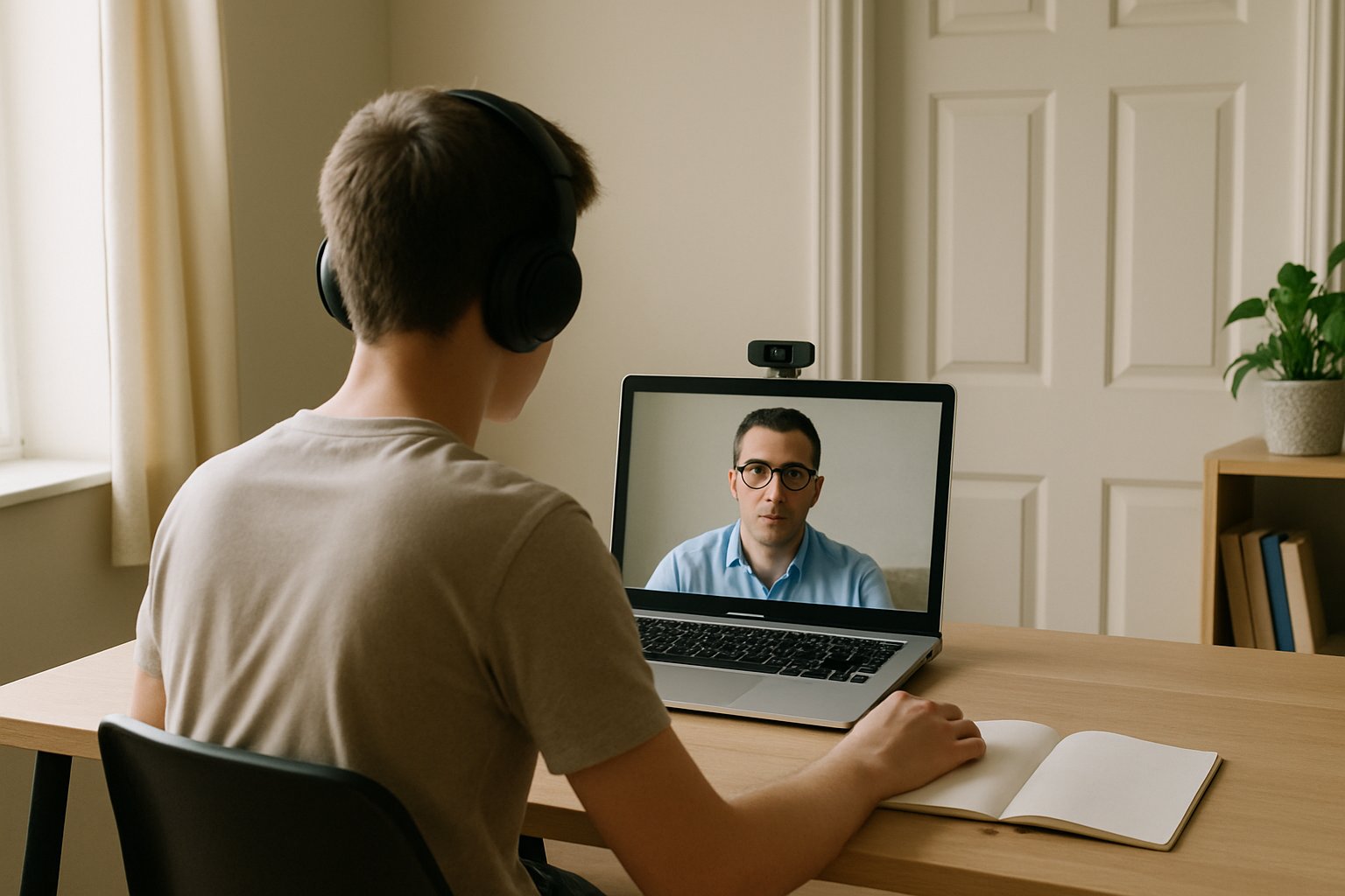 Remote student with online proctor for test in a realistic home office setting.