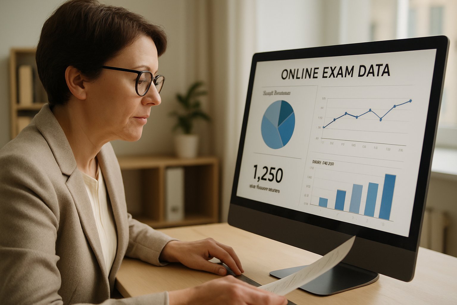 Teacher reviewing software for online exam analytics dashboard