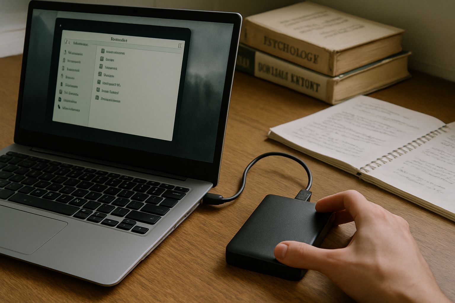 Data storage devices next to a laptop used for online exam proctoring.