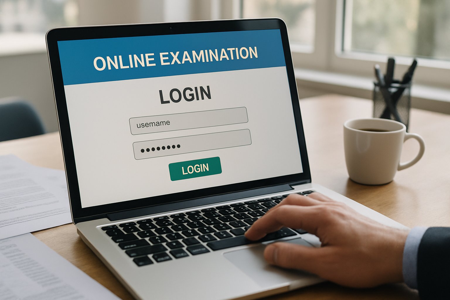 User logging into an online examination system on a laptop.