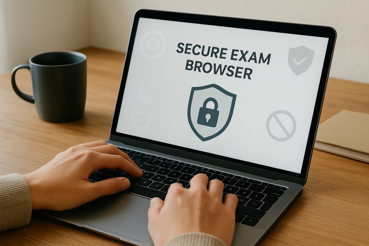 Hands using a laptop for secure remote proctored exam delivery.