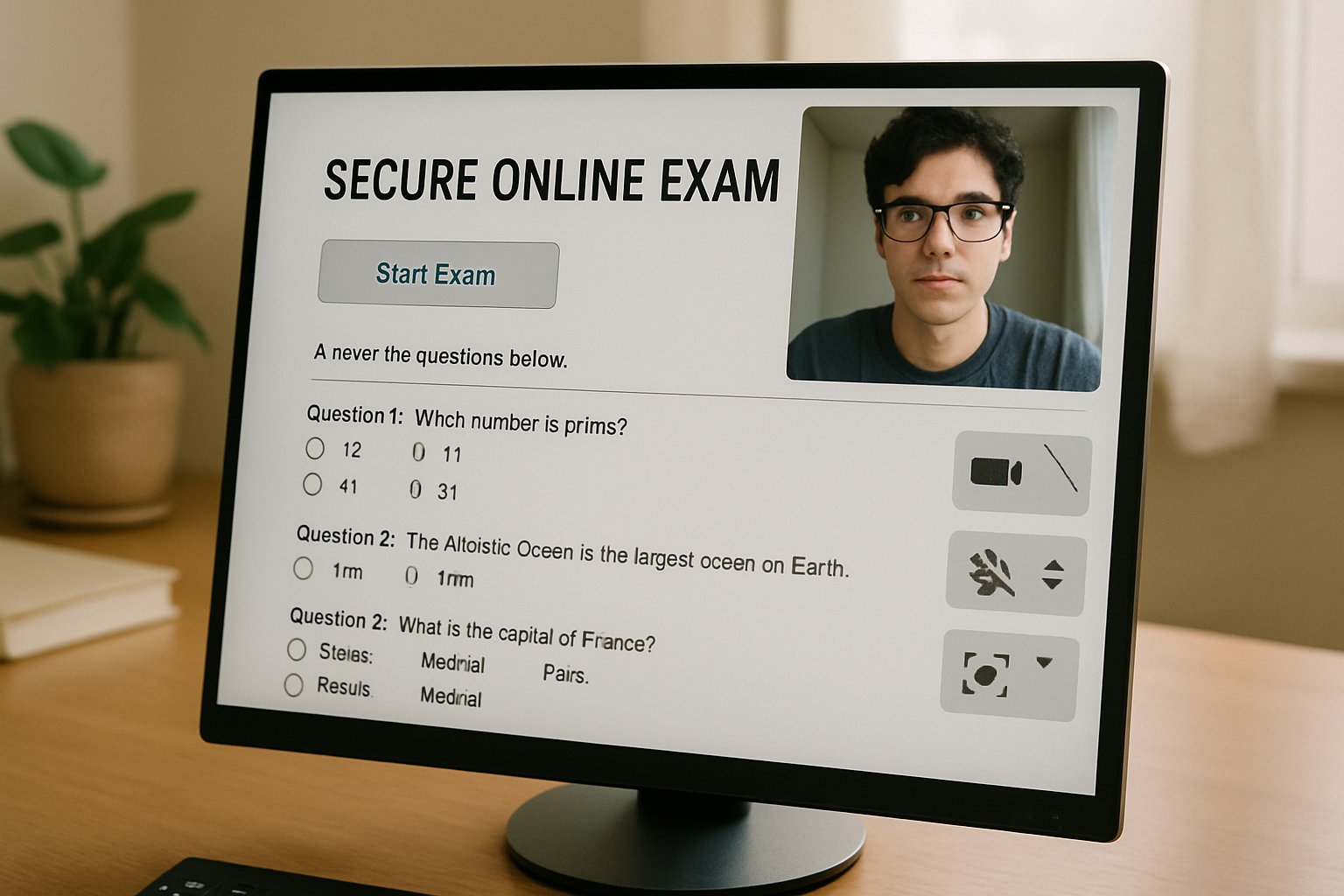 secure online test monitoring interface visible on a student computer