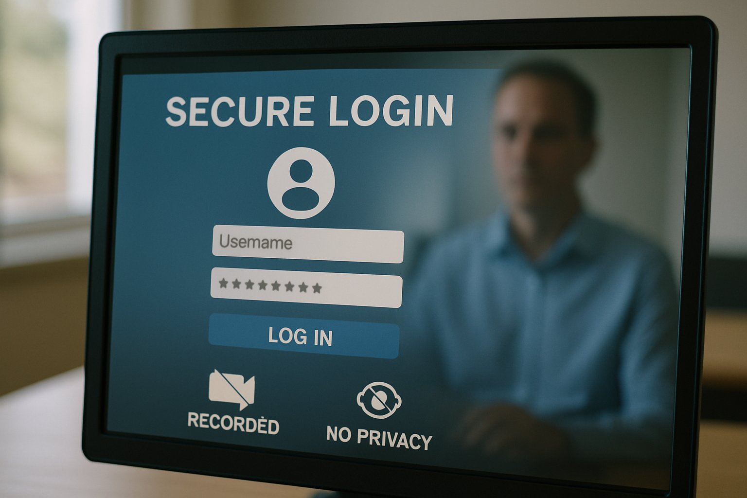 Computer showing secure proctor for test platform with privacy icons visible.