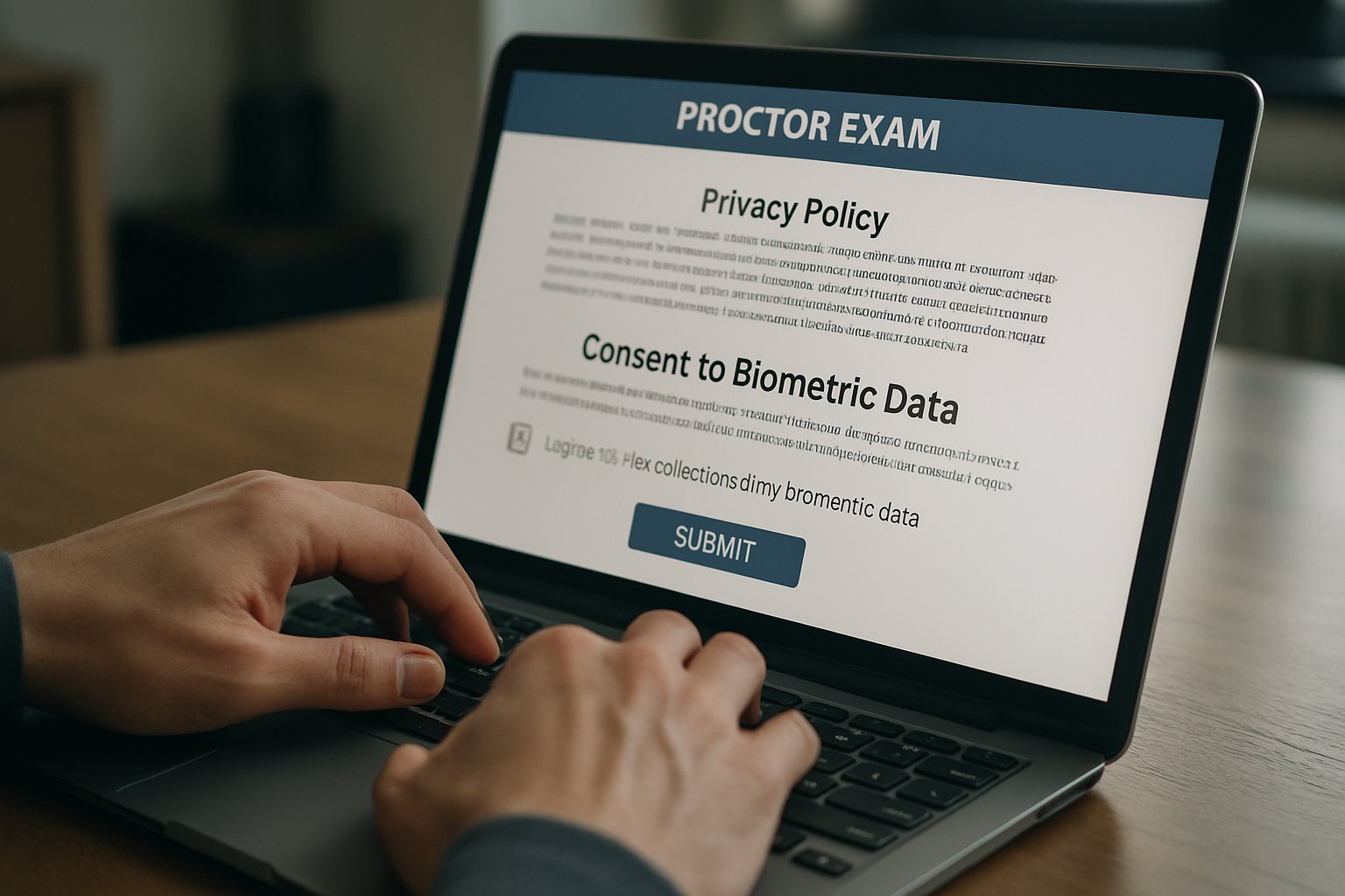 Proctor exam software interface displaying privacy policy and biometric data consent prompt.