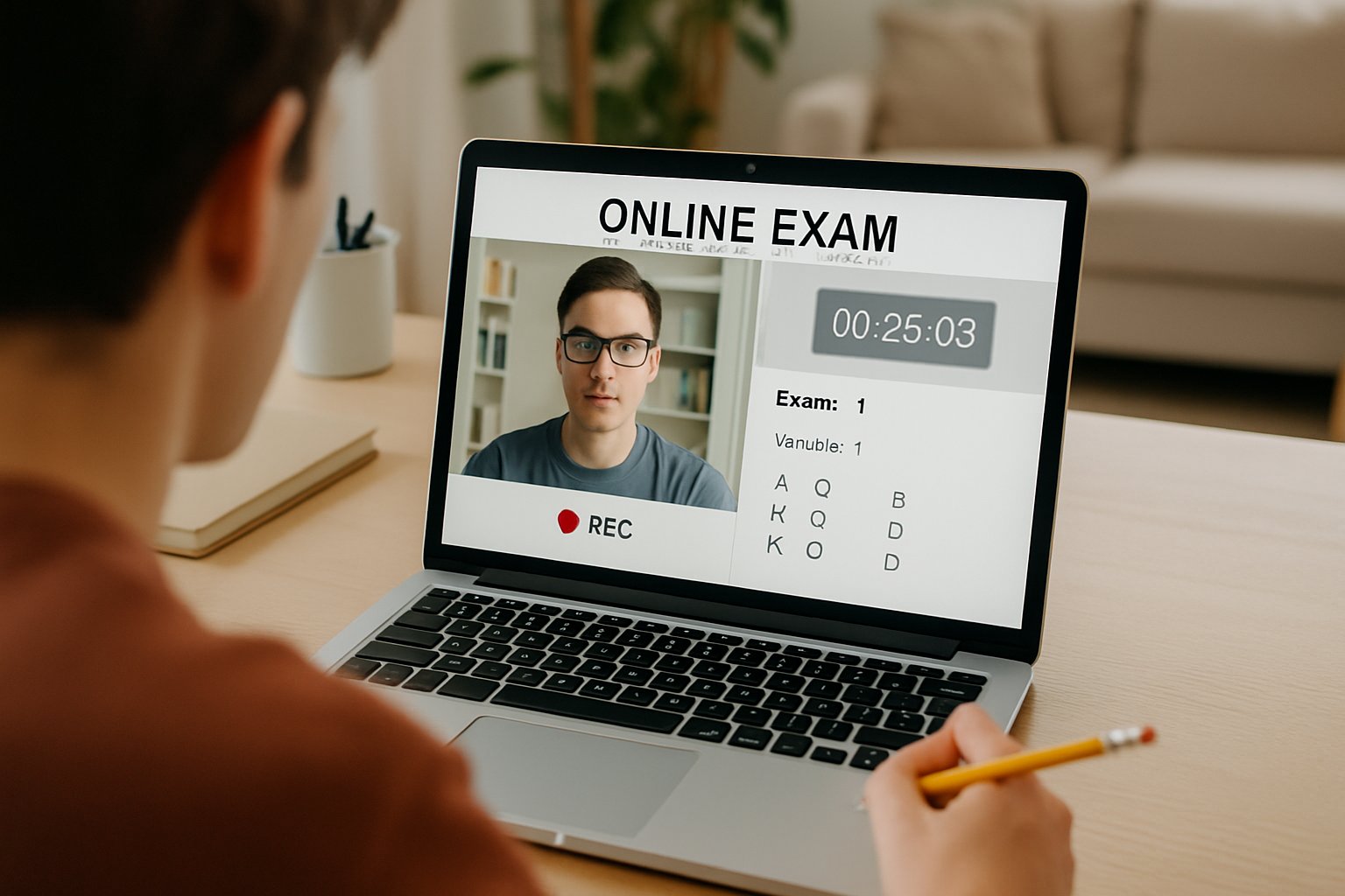 Student using proctoring software for online exam in home workspace.