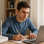 Focused student using online exam proctoring software on laptop with reliable internet.