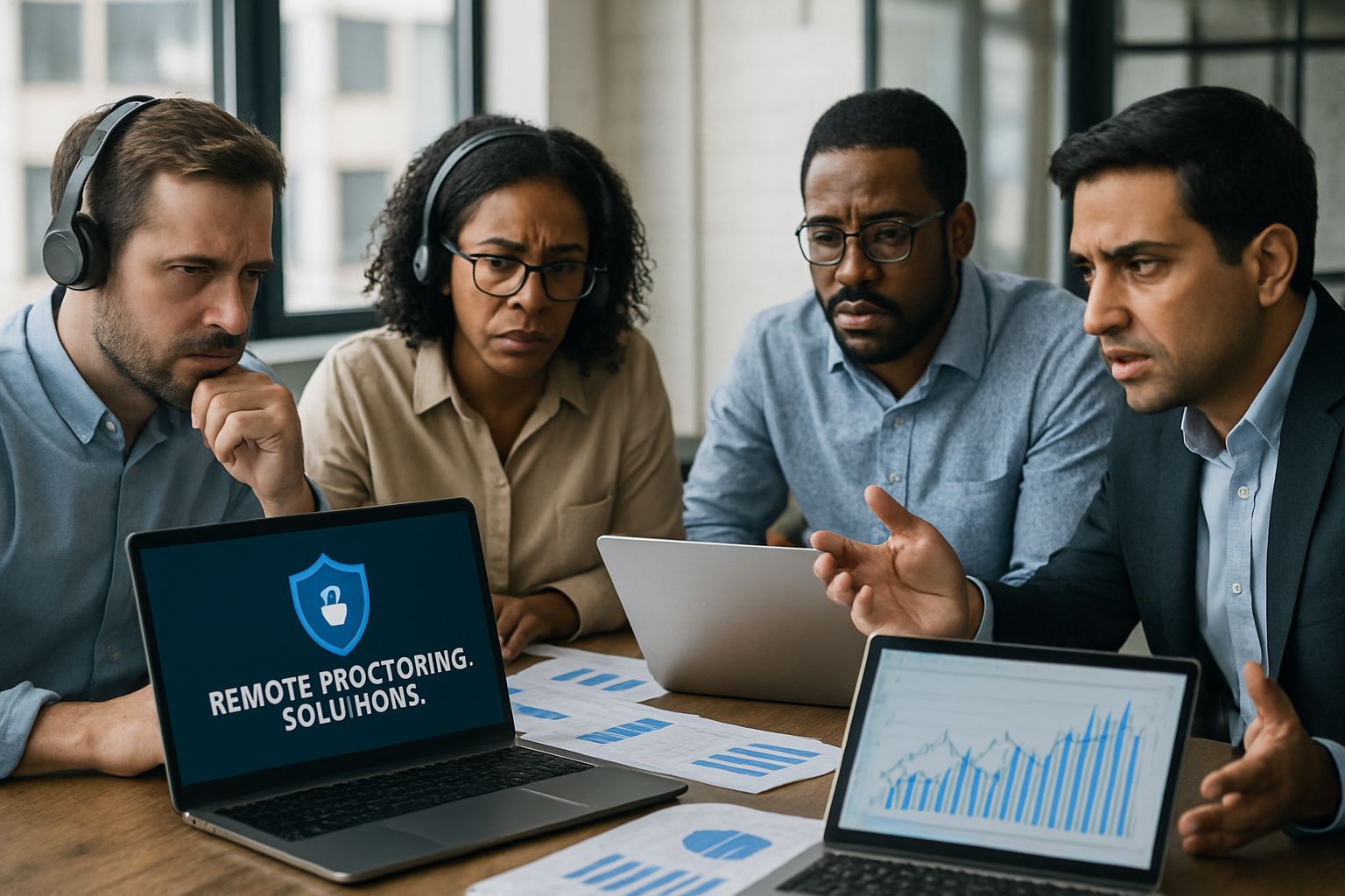 Team discussing Remote Online Proctoring challenges in office setting.