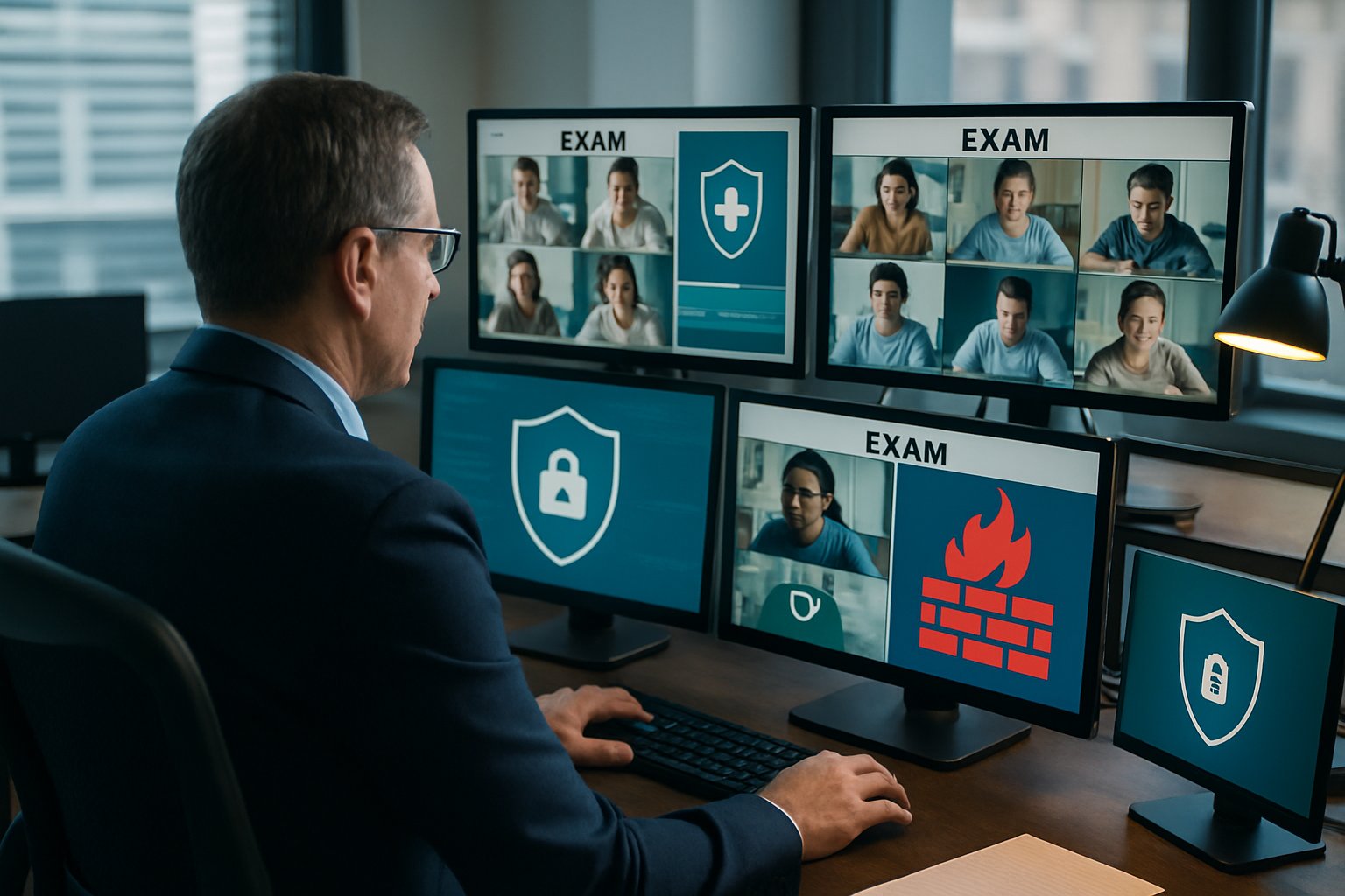 Test administrator monitoring online test sessions for security.