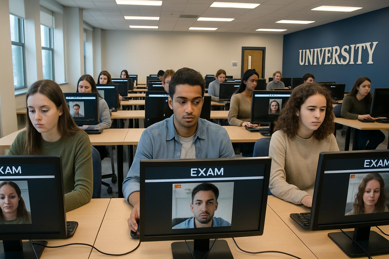 University lab with students using online exam proctoring systems on desktop computers.