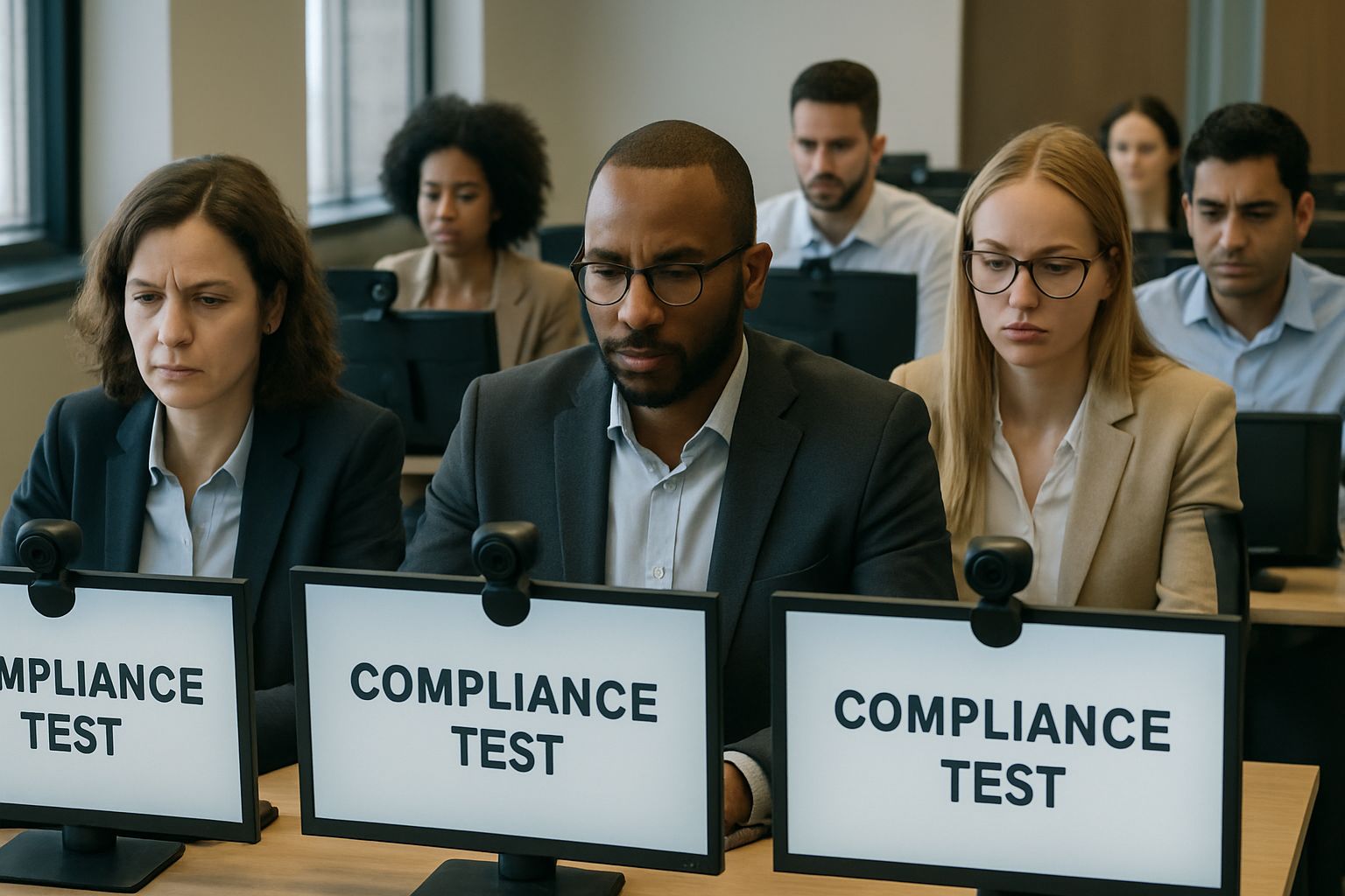 Diverse professionals using remote test proctoring in office setting.