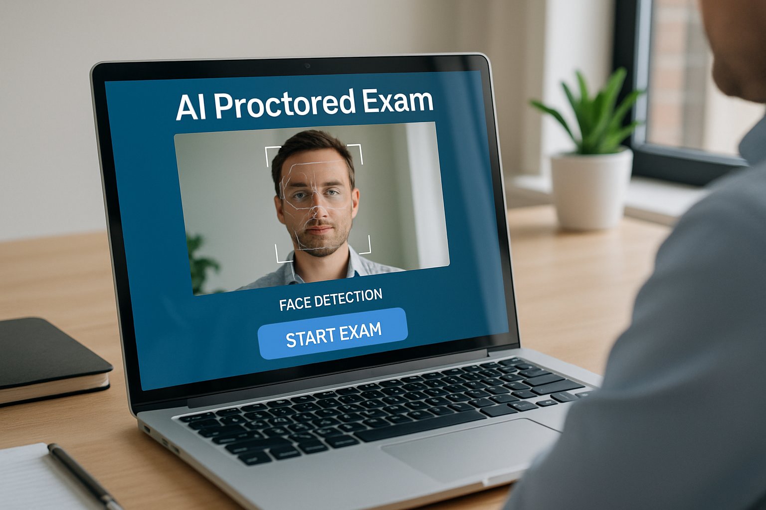 Person at desk using ai proctored exam software during online test.