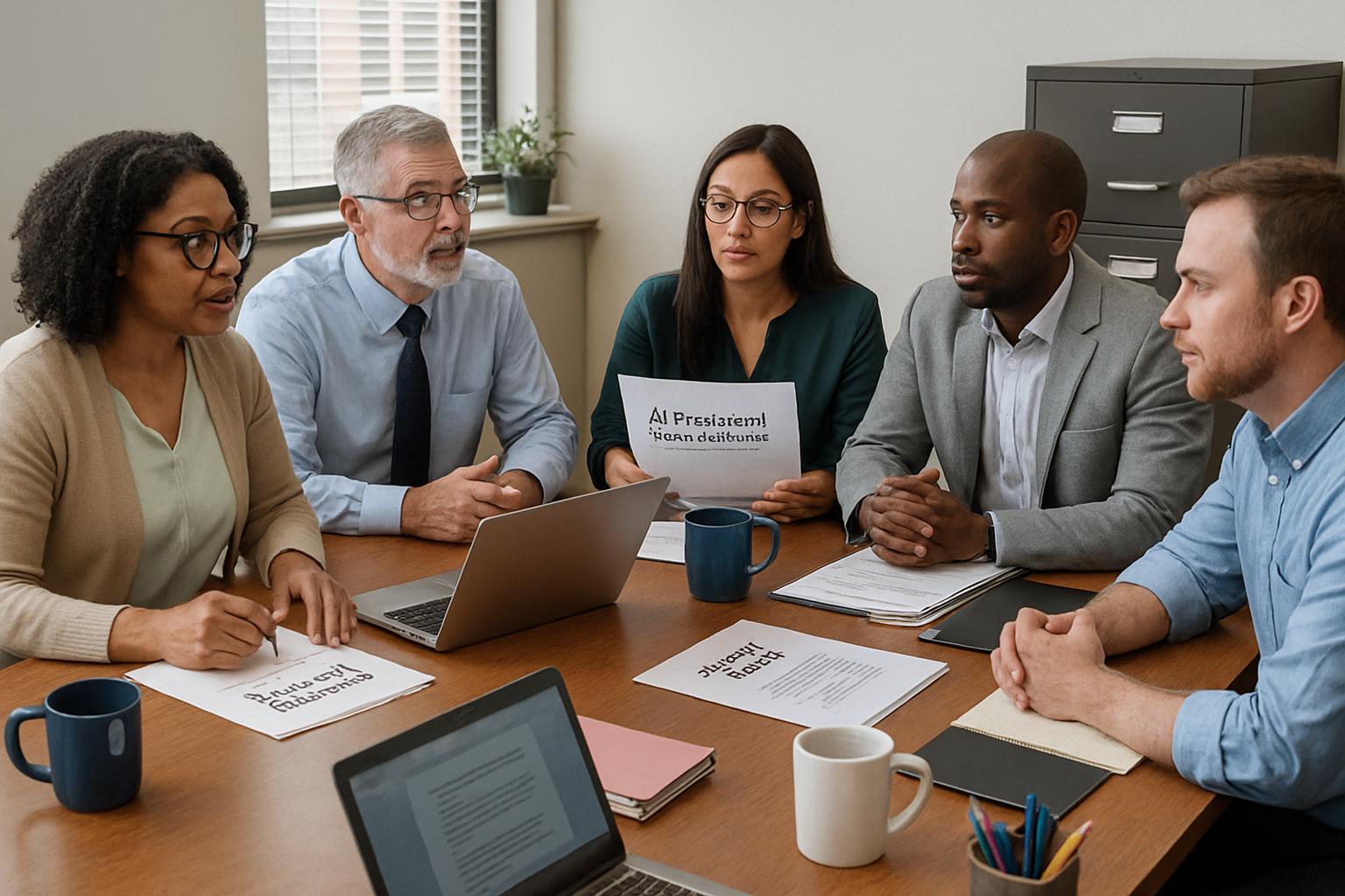 Educators discussing ai proctored exam compliance in a modern office