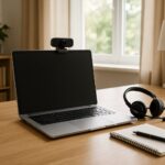 Laptop and accessories set up for remotely proctored exam at home