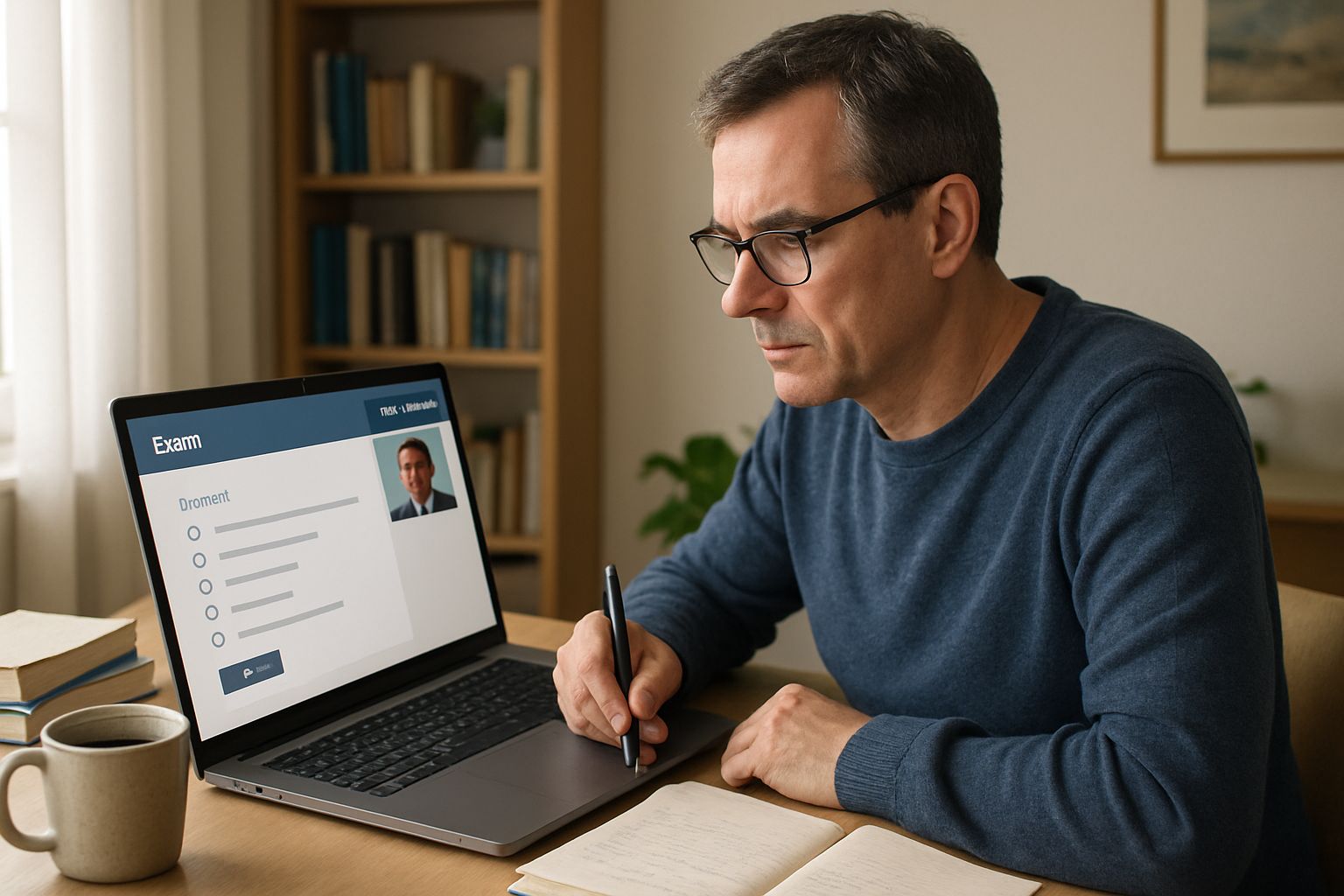 Mature student at home desk completing a remotely proctored exam with realistic details.