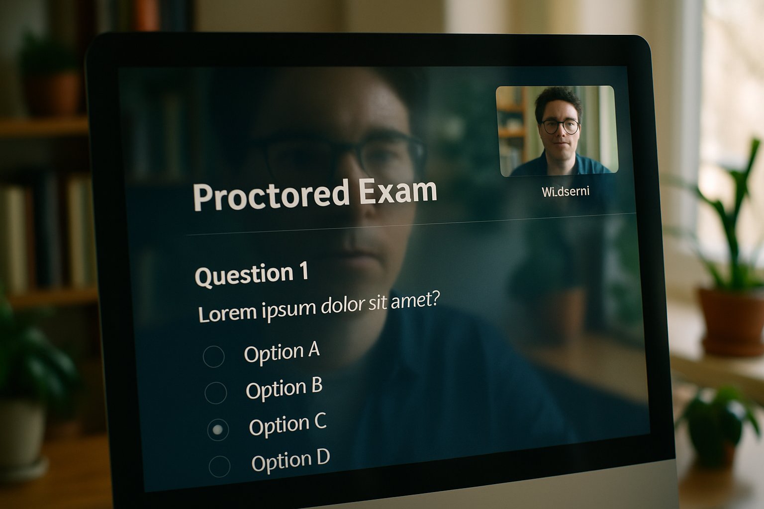 Home office setting with ai based proctoring exam interface visible on laptop.
