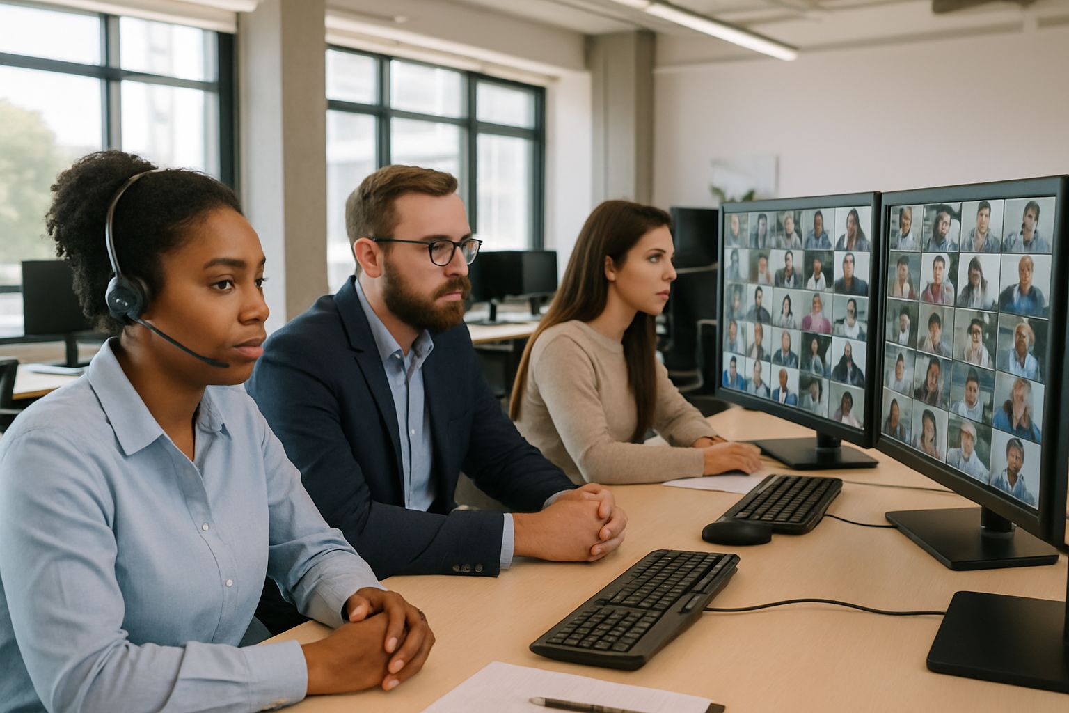 Proctors monitoring ai based remote proctoring system video feeds in control room.
