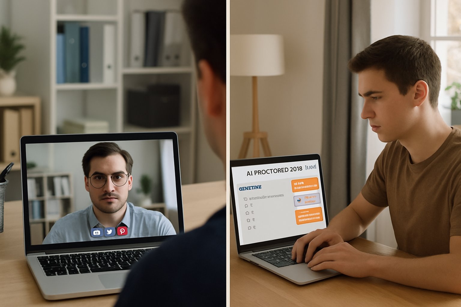 Comparing ai proctored exam and live remote proctor showing two online test environments.
