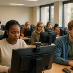 Students taking ai based proctoring exam in a modern university computer lab.