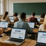 students using software for online exam in a university classroom