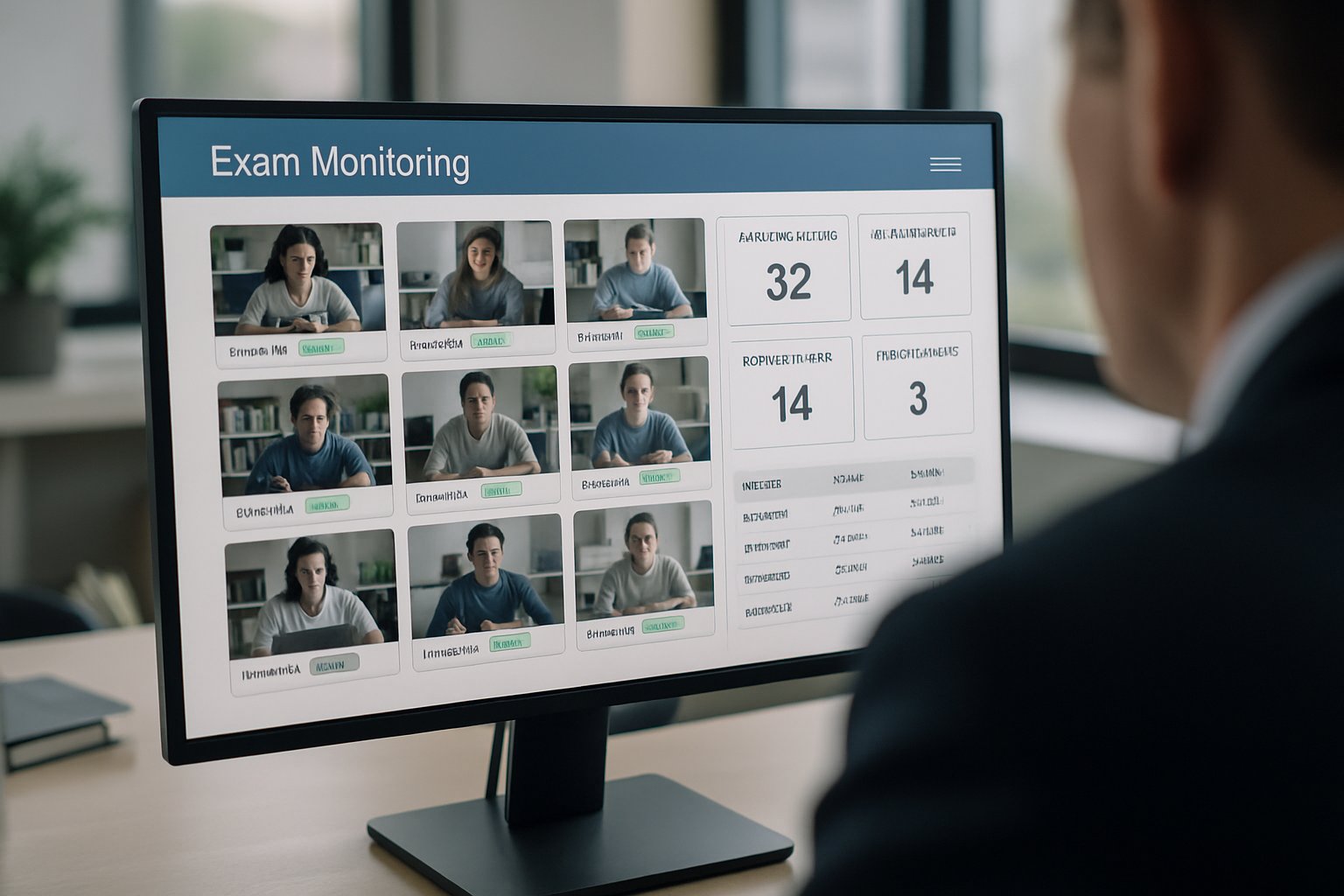 Proctor monitoring software for online exam sessions on a dashboard